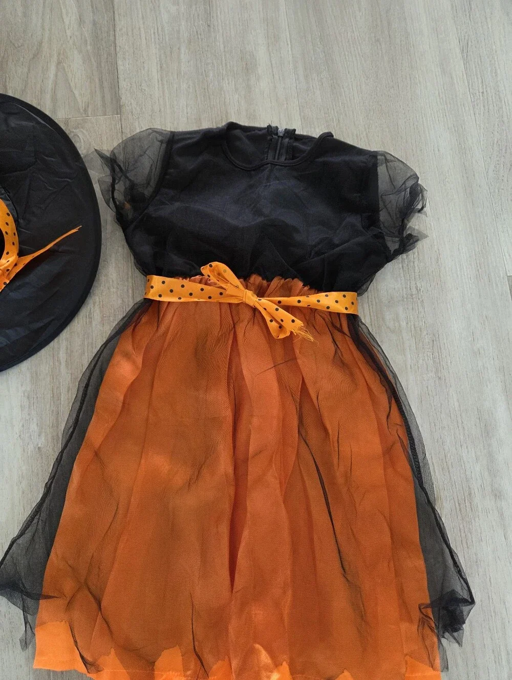 Girls Size 5/6 Halloween Costume Witch Orange Black Tulle Dress Hat Modest